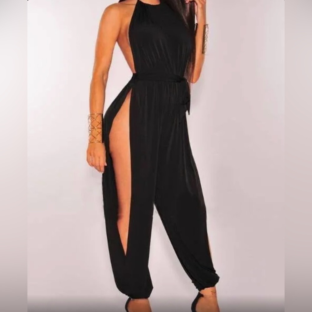Hot Miami Styles Black Slit Hem Belted Harem Jumpsuit